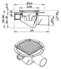 Technical diagram of a floor drain showing a square perforated grate and an angled outlet pipe, with side-profile dimensions and a top view of the grate.