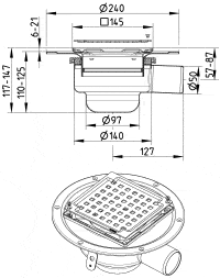 Technical drawing of a square perforated floor drain grate with a round outlet and mounting flange, showing overall dimensions and connection sizes.