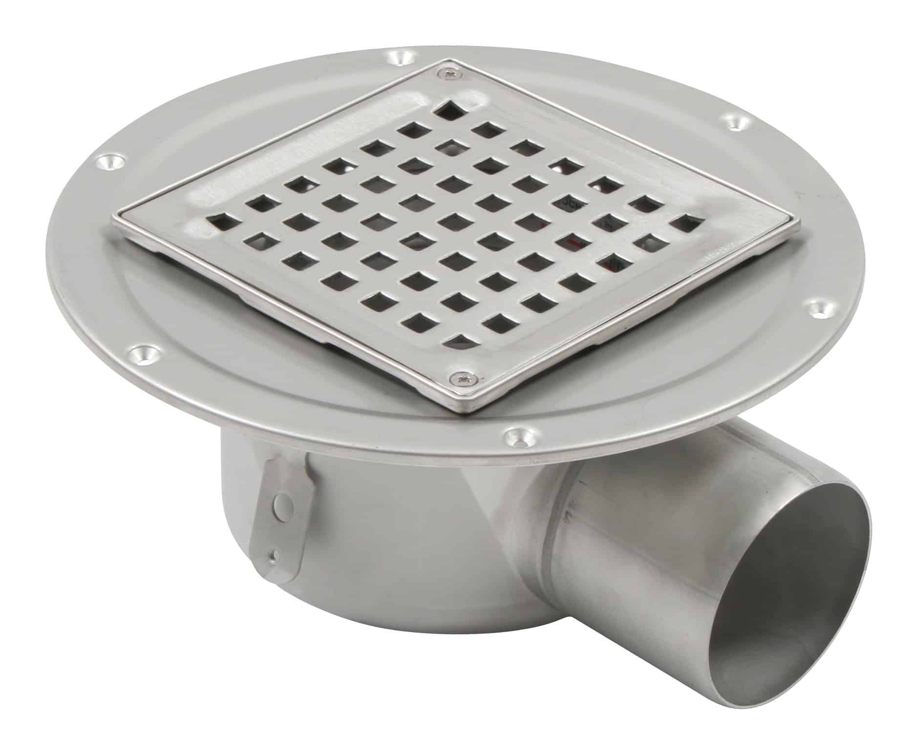 Round stainless steel floor drain with square perforated grate insert on a circular flange suggestive of industrial plumbing system