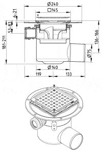 Detailed technical drawing of a floor drain: side profile and top grate, with dimensions and pipe connections.