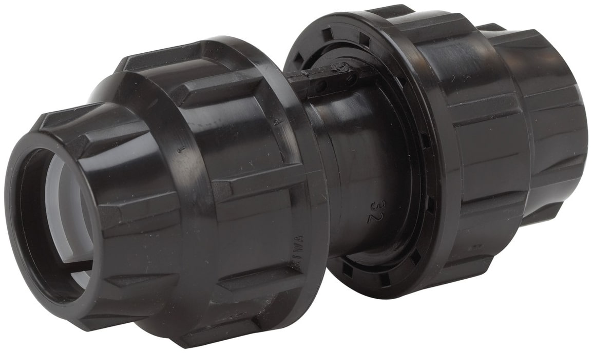 Two-part black plastic PVC pipe compression union connecting two pipes, knurled grip sections visible