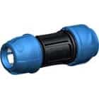 Blue and black inline hose/tubing connector with two blue end fittings connected by a black middle section
