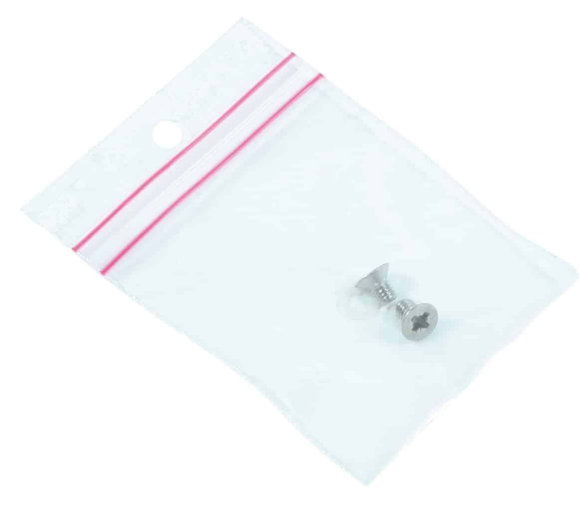 Small clear plastic zip-seal bag with a pink seal containing two small screws and a washer (hardware components).