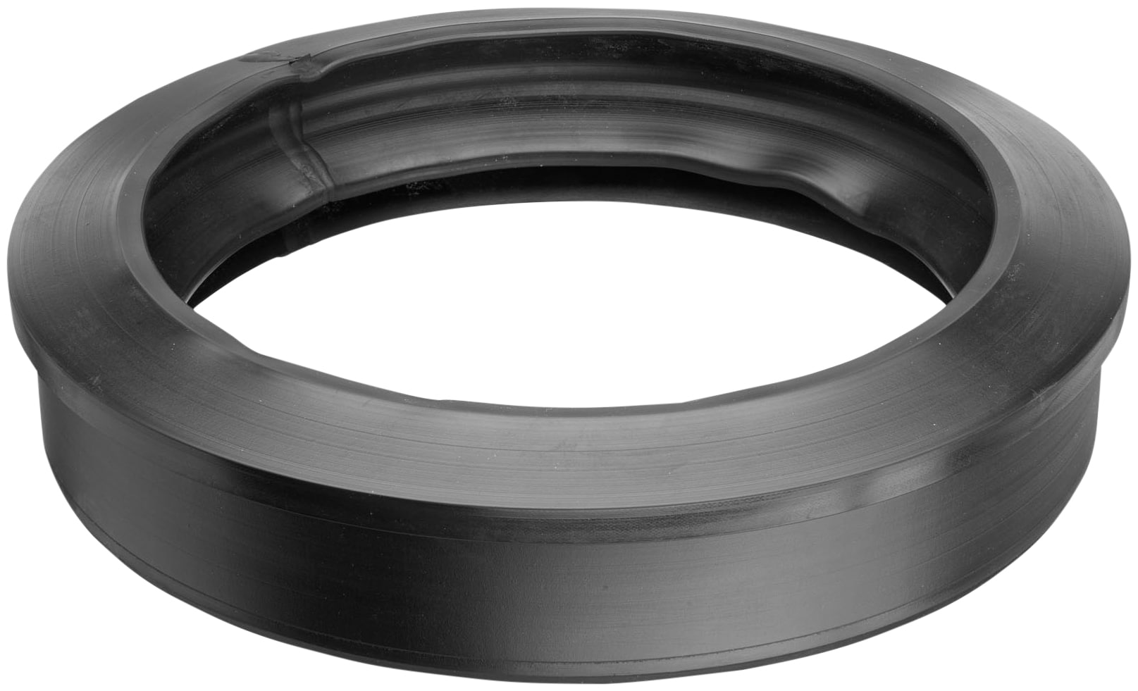 Black rubber oil seal ring viewed from above, circular and hollow in the center.