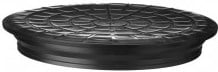 Round black plastic lid with a raised, decorative lattice pattern on the top surface