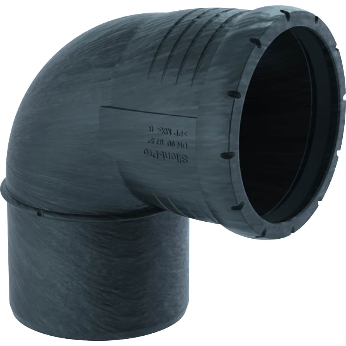 Dark gray 90-degree PVC pipe elbow with a flanged end, used to connect two sections of pipe at a right angle.