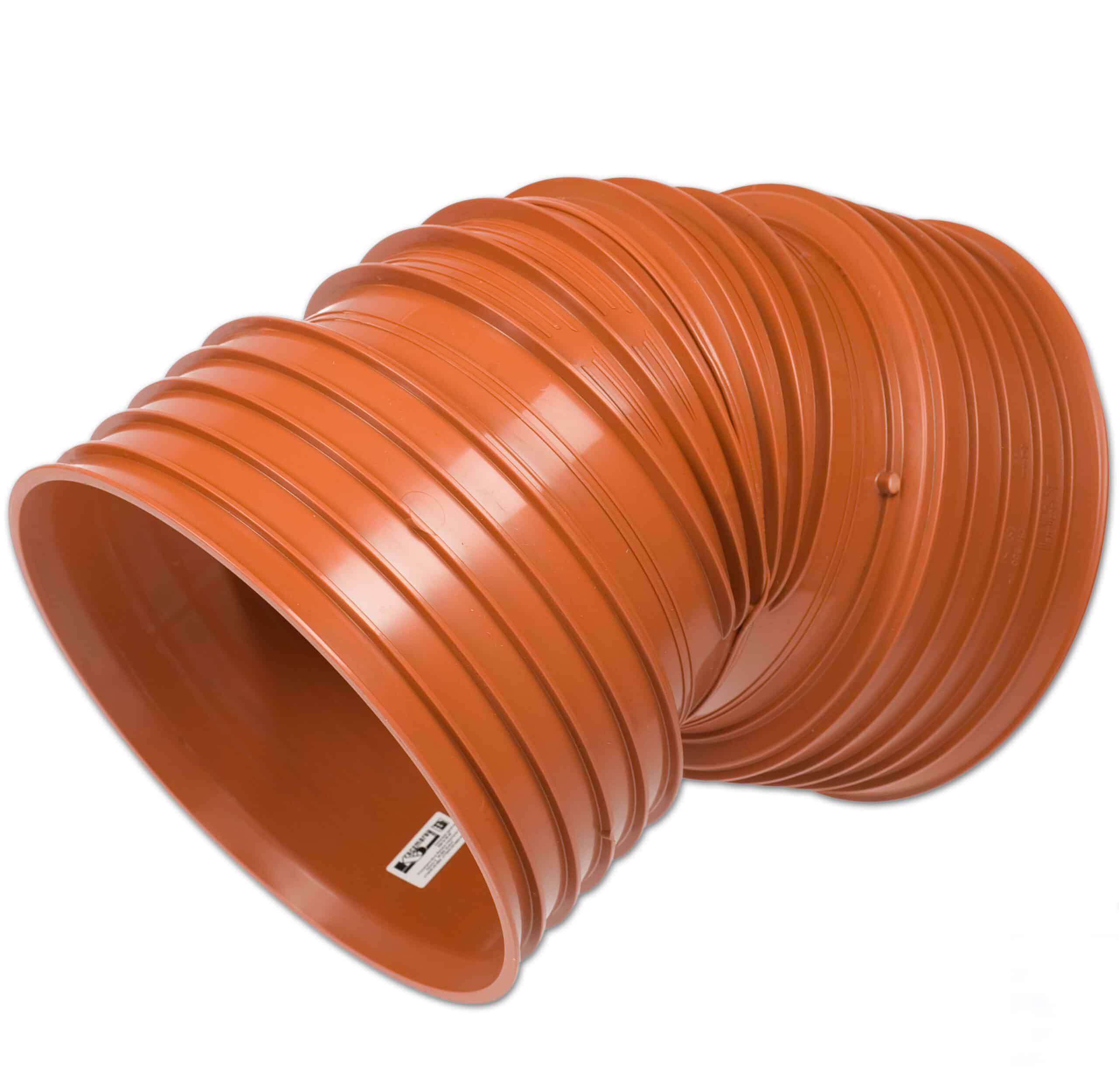 Close-up of orange flexible PVC electrical conduit coils on a white background.