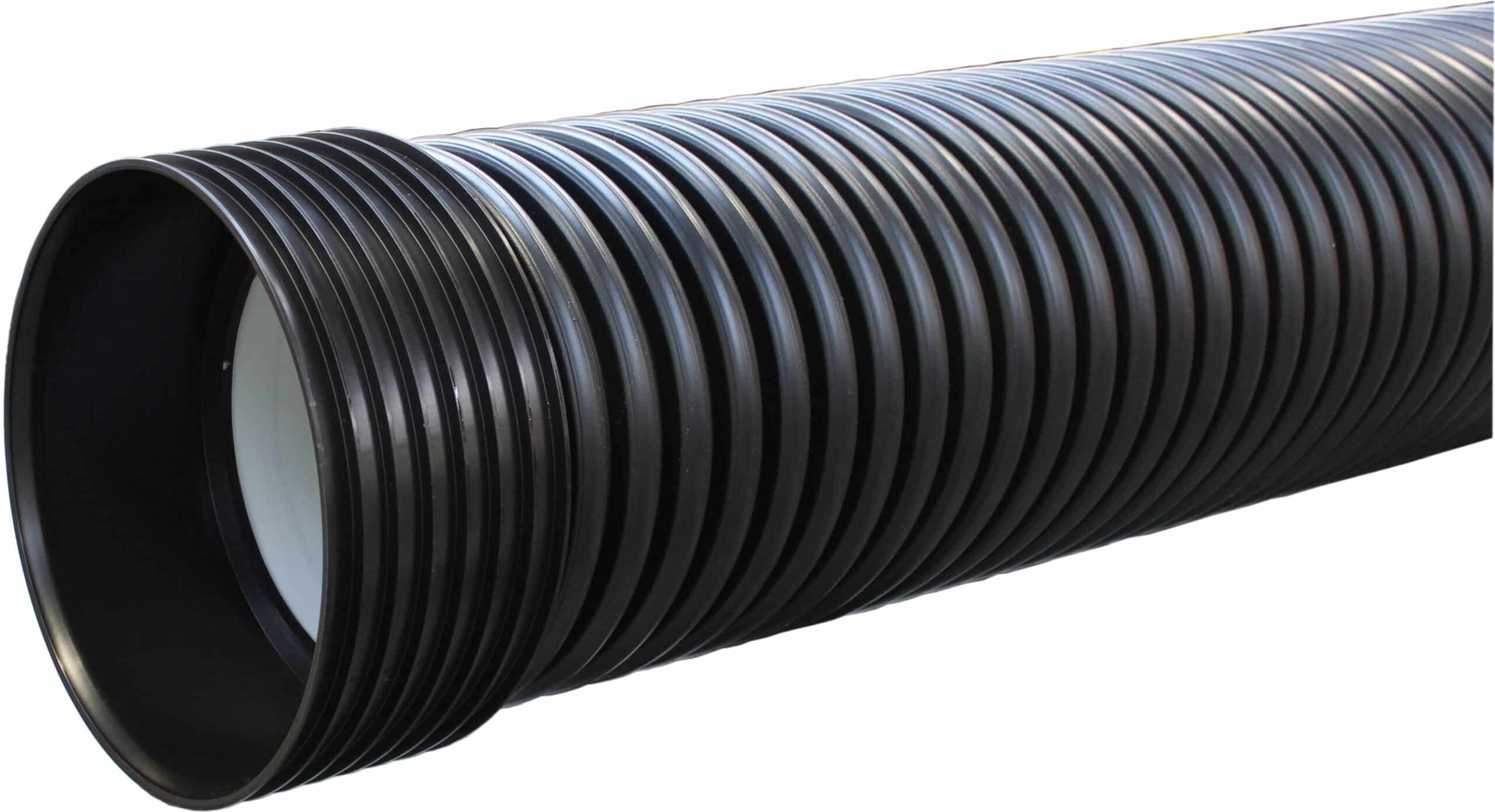 Black corrugated plastic drainage pipe extending diagonally across a white background