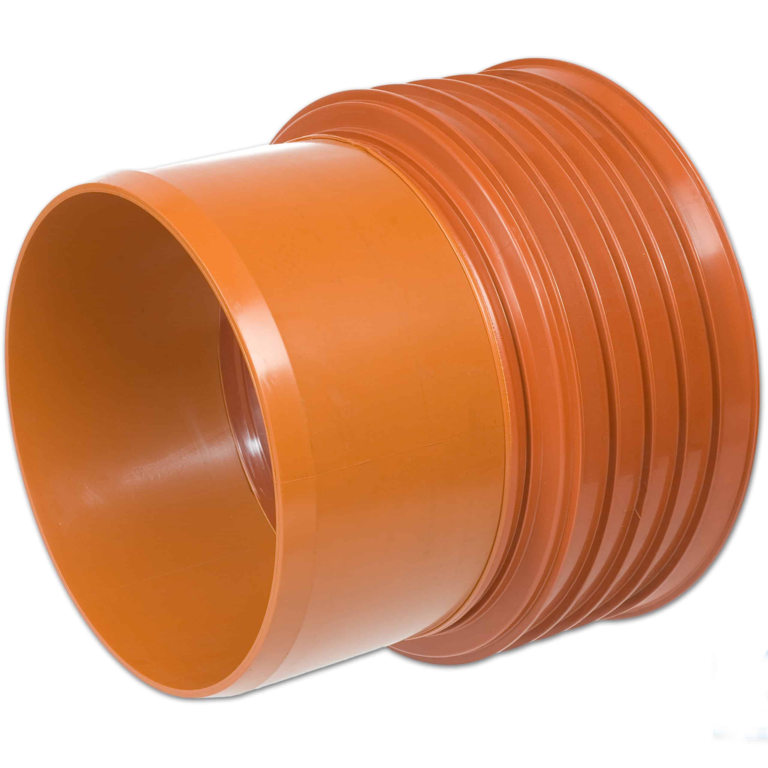 Close-up of an orange PVC pipe coil on a white background, showing the curved tube and ridged exterior.