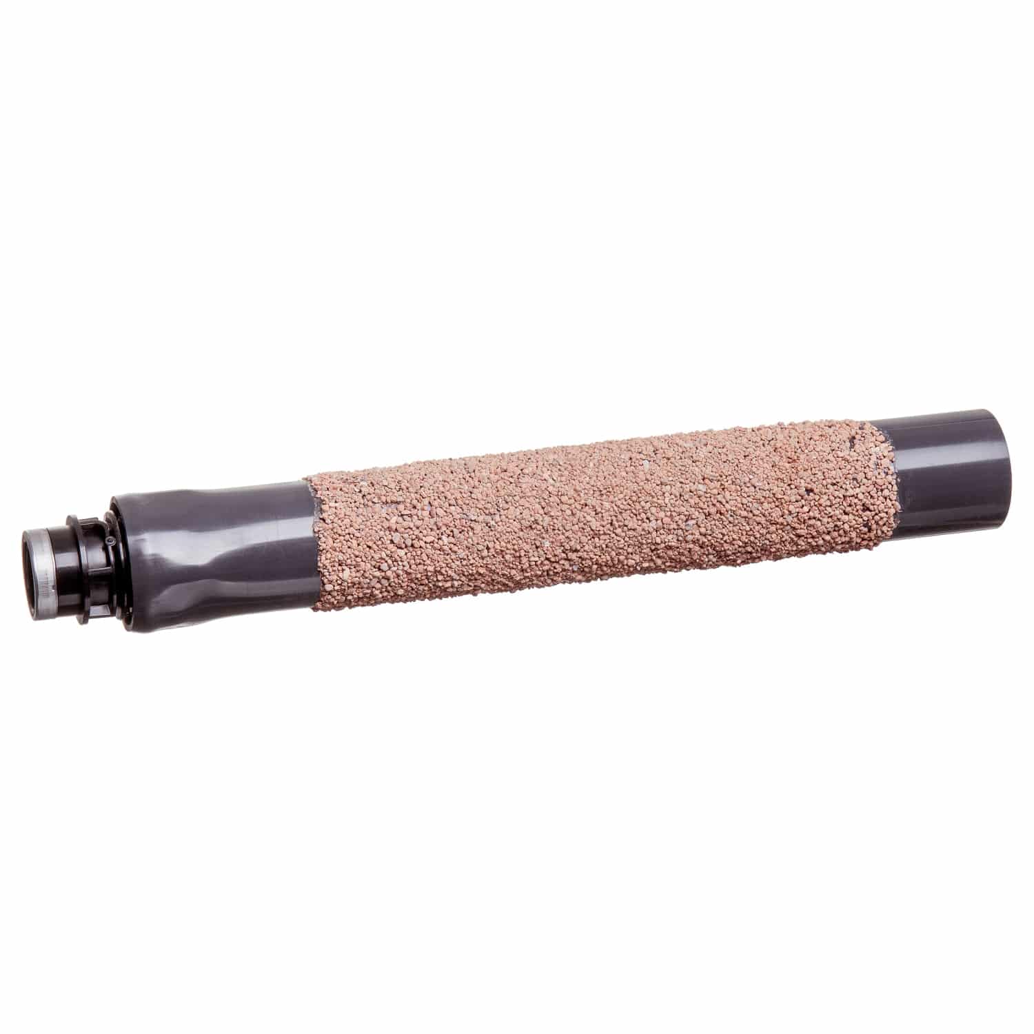 Black cylindrical pipe segment with a rough, gritty coating (abrasive media) around the middle, used for surface blasting equipment