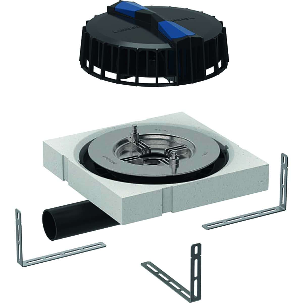 HVAC ceiling exhaust fan assembly with a round blower housing, insulated square plenum, duct, and metal mounting brackets.