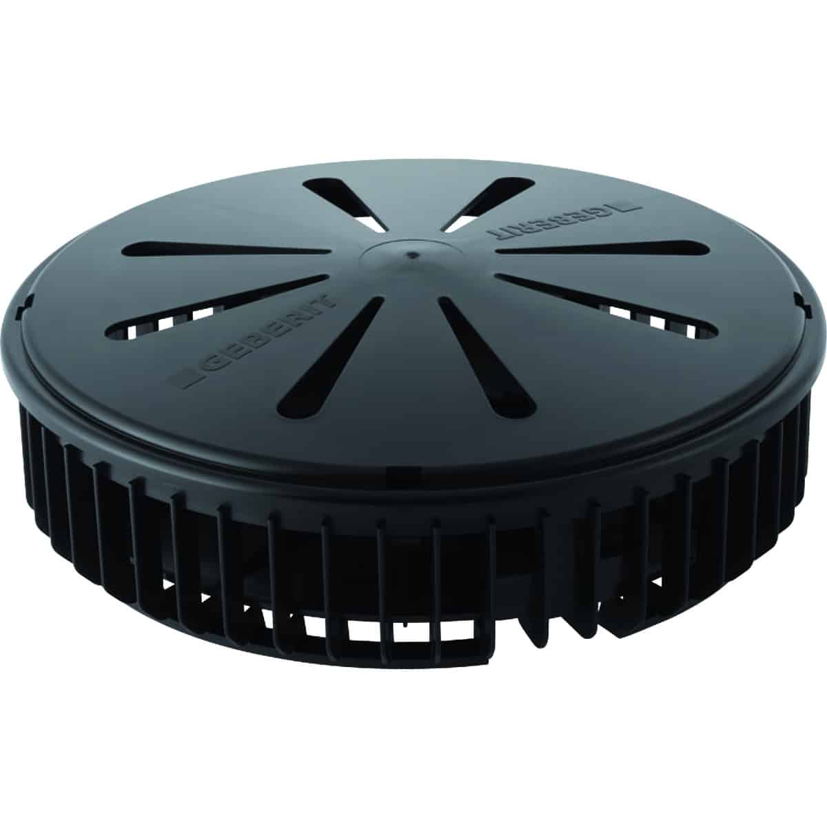 Round black circular device with radial slits on the top and vertical fins around the side, resembling a vented filter or diffuser component