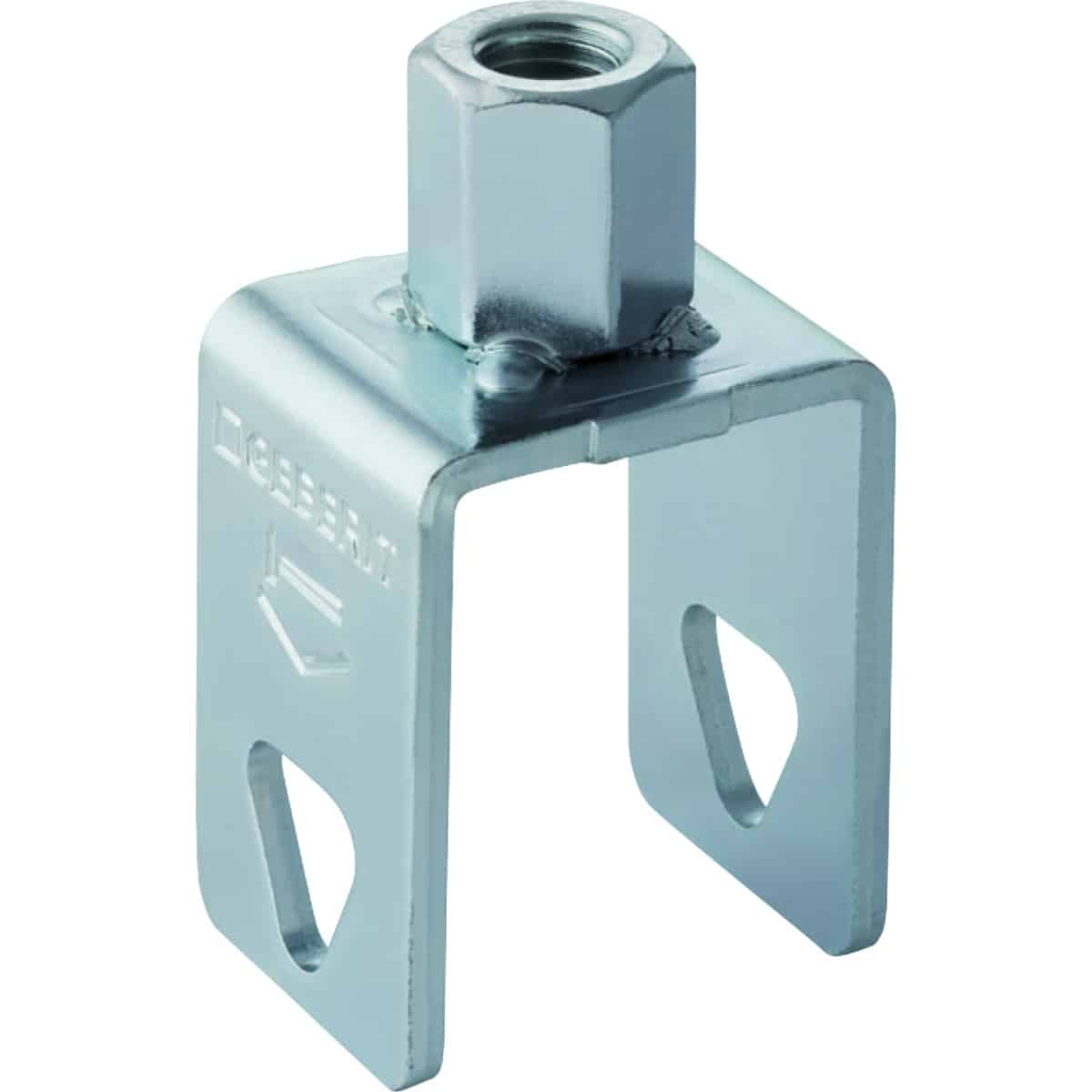 Metal U-shaped mounting clamp with a threaded stud on top, bright chrome finish.