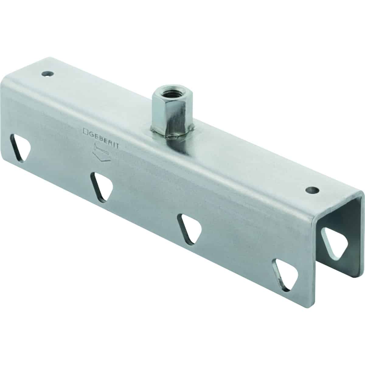 Metal mounting bracket with four oval screw holes and a centered threaded stud on top.