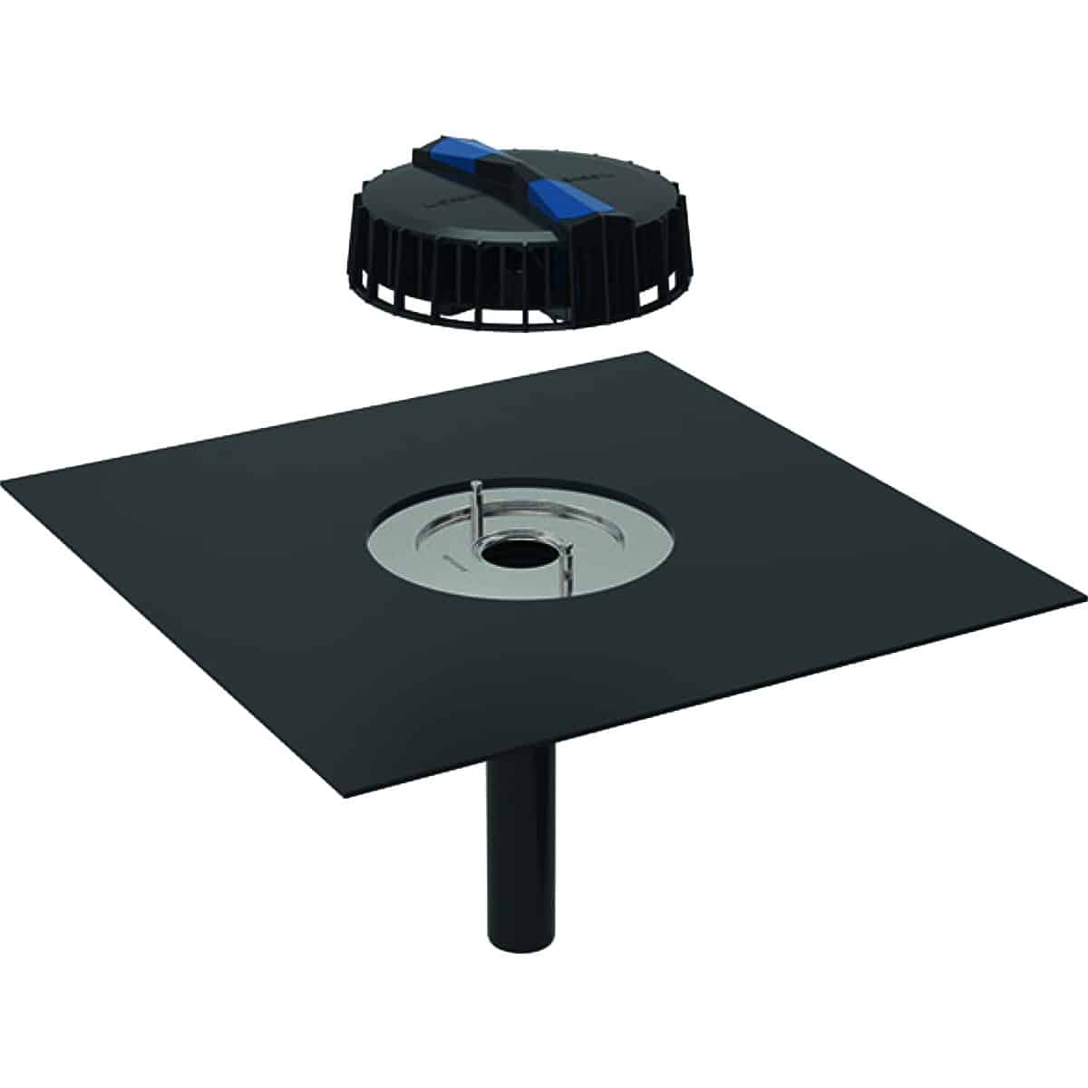 Exploded view of a floor drain: square cover plate separated from a round metal drain insert above a pipe