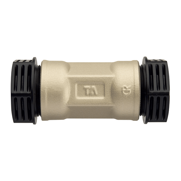 Barrel-shaped brass hose quick-connect adapter with black locking collars on both ends.