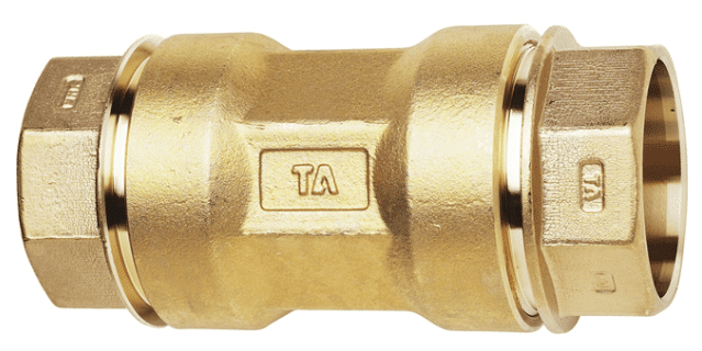 Brass plumbing pipe coupling with hex ends and compression rings, used to connect two pipes