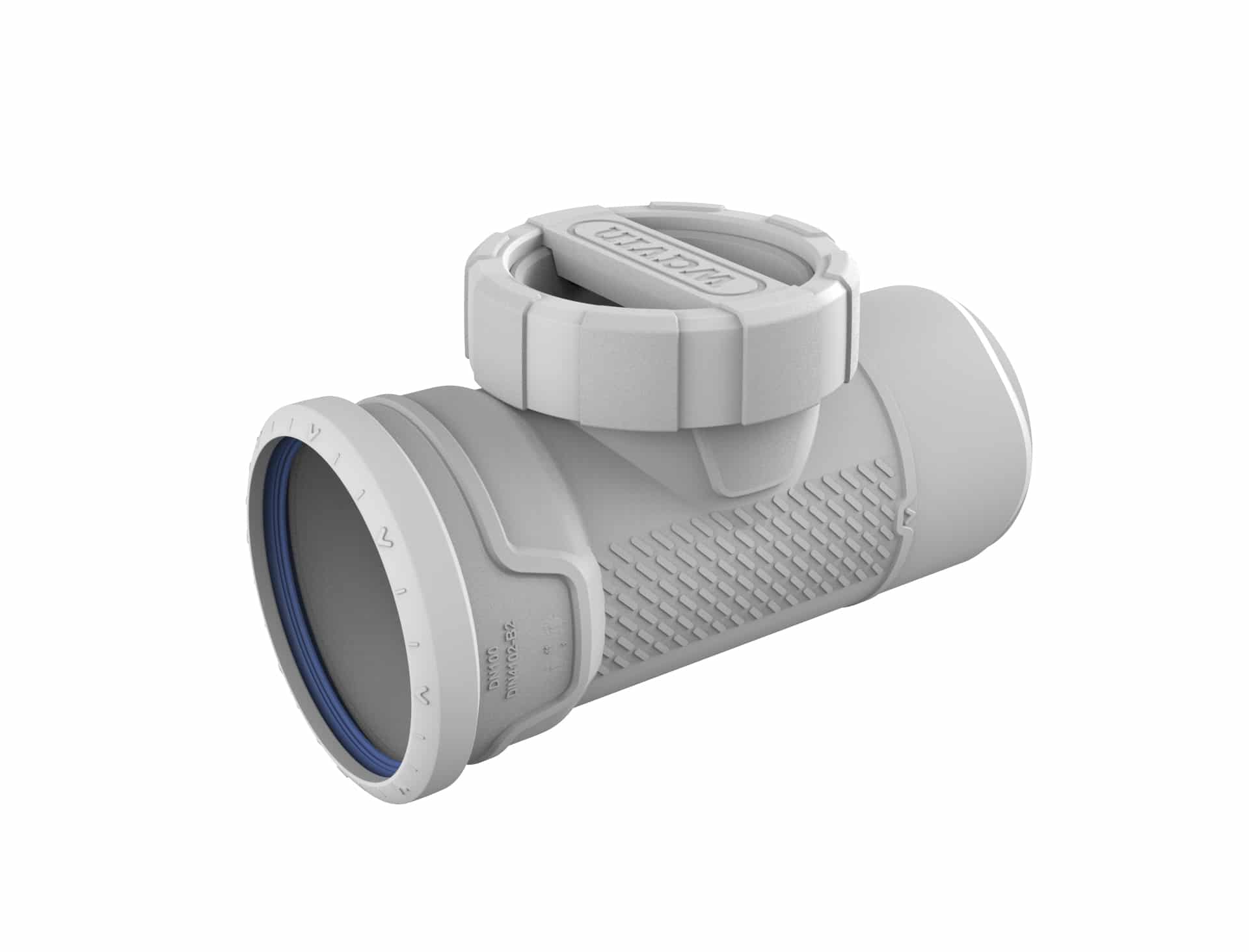 Close-up of a gray plastic pipe connector with a knurled grip and blue sealing ring inside the end cap