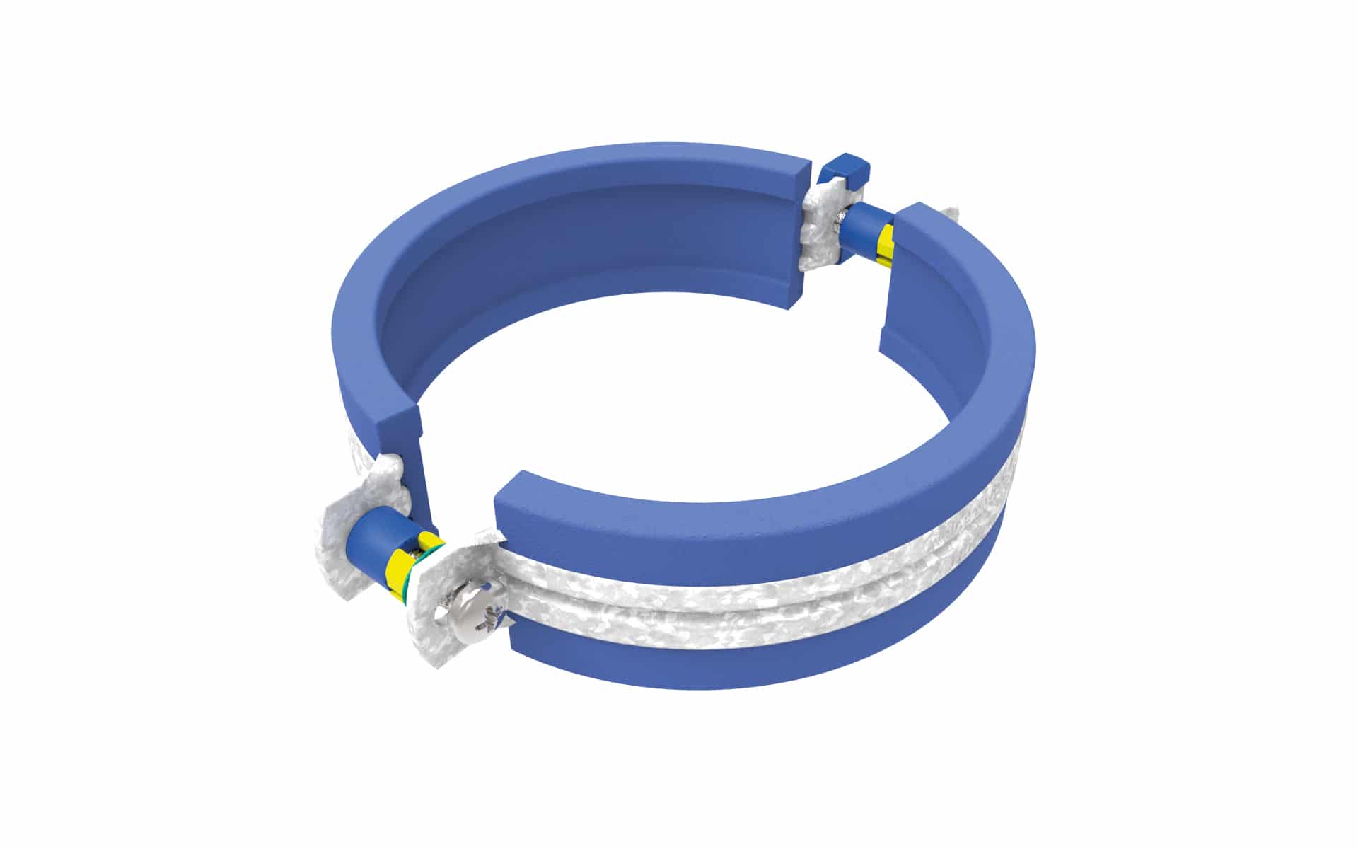 Cross-sectional view of a blue circular clamp with white insulating material and metal fasteners.