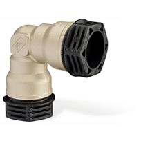 90-degree brass irrigation valve fitting with black plastic hose connectors (barb ends)
