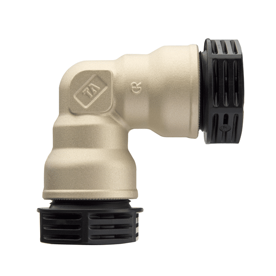Gold-colored 90-degree irrigation elbow connector with black screw-on end caps on both ends