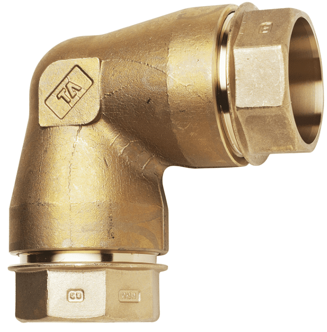 Brass 90-degree compression elbow pipe fitting with a hex compression nut at one end