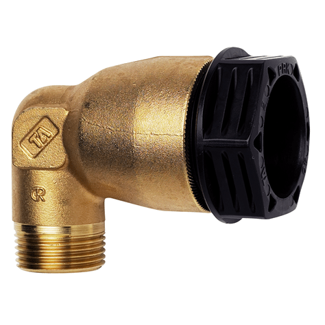 Brass 90-degree plumbing elbow with male threaded end and a black plastic compression cap/dial