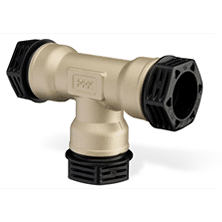 Beige plastic T-shaped pipe connector with three ends for joining irrigation or plumbing tubing (three-way tee).