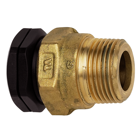 Brass compression plumbing fitting with a black plastic nut and male threaded end for joining pipes.
