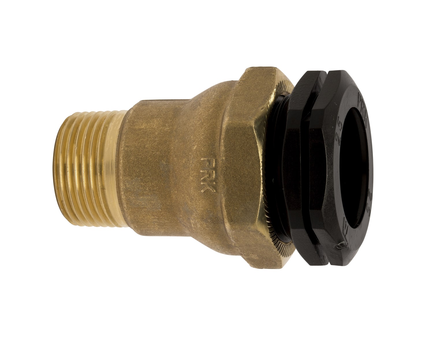 Brass male-thread pipe adapter with a black plastic end cap or cap-nut attached