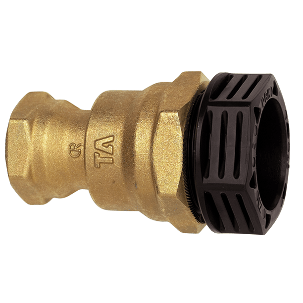 Brass plumbing fitting with a black knurled collar coupling, viewed side-on.