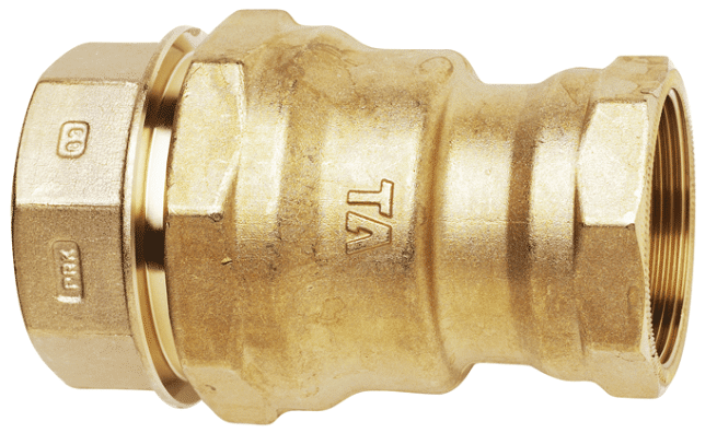 Gold brass compression plumbing fitting with a large threaded end on the right and a hex nut on the left