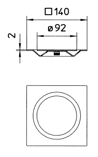 Technical drawing of a square mounting plate with a centered circular opening Ø92 mm; outer width 140 mm, 2 mm thick housing.