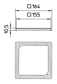 Technical drawing of a square recessed bezel with outer width 164 mm and inner opening 155 mm; 10.5 mm depth.