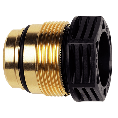 Brass threaded plumbing adapter with black plastic coupling and rubber O-ring