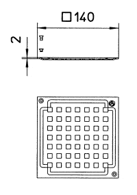 Technical drawing of a square perforated vent/grille with 140 mm width and 2 mm thickness; includes mounting holes in corners.