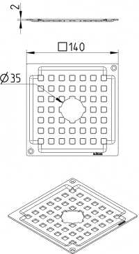 Technical drawing of a square perforated plate (140 mm) with a central circular opening Ø35 mm and corner mounting holes, shown in top and isometric views.