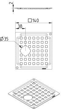 Top view: square perforated plate with a grid of small square openings, a circular cutout near the lower-left quadrant, and mounting holes at the four corners. Overall outer size 140 mm; inner dimensions show a 38 mm offset from the left edge to features. Side view indicates plate thickness 2 mm. Circular hole Ø35 is noted. 3D isometric view shows the same perforated plate with a recessed border.