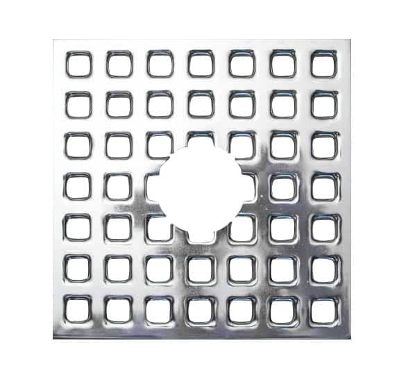 Perforated metal sheet with evenly spaced square holes and a circular central cutout, resembling a vent or grate.