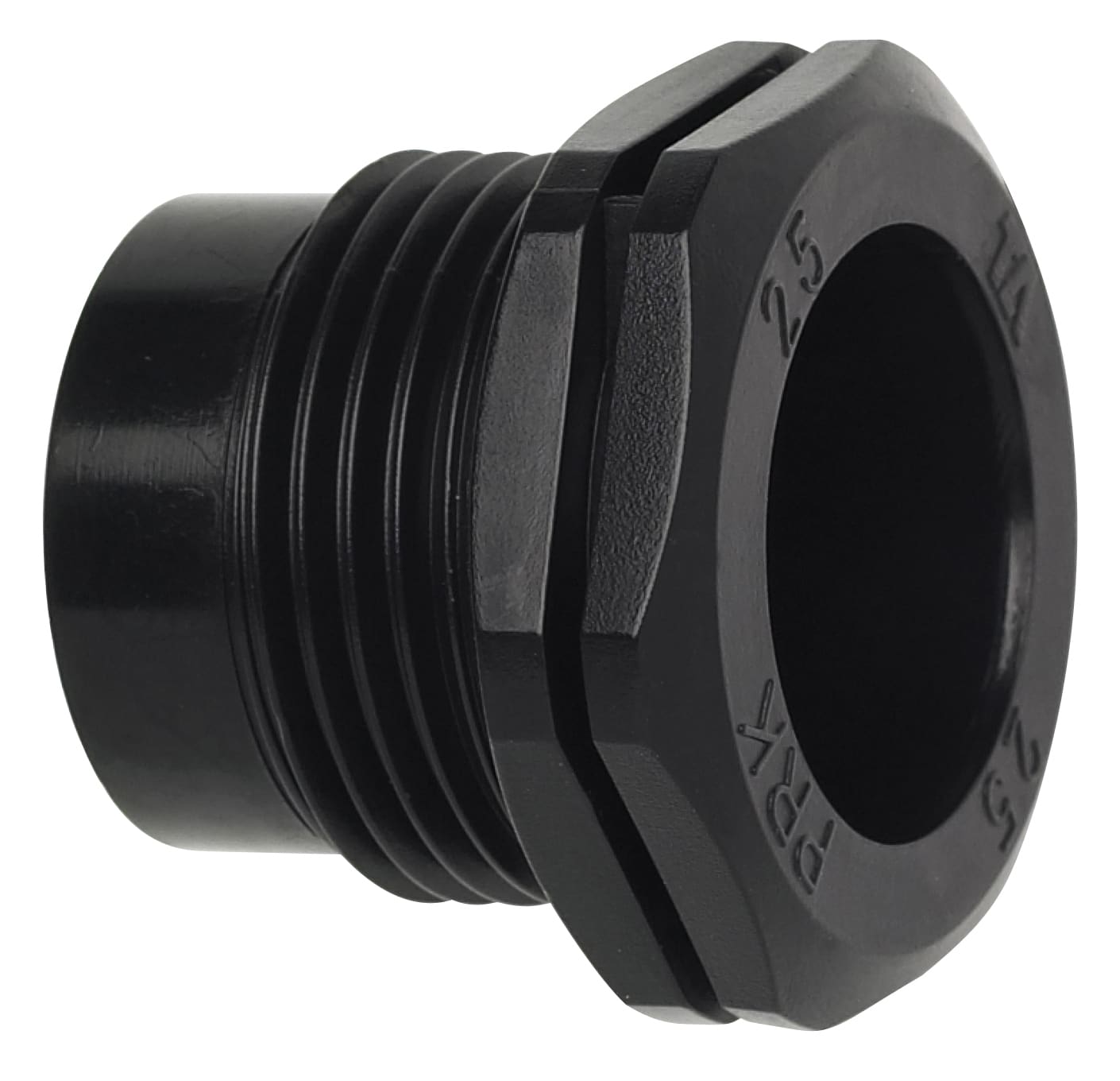 Black plastic threaded adapter with hex nut for pipe connections (close-up)