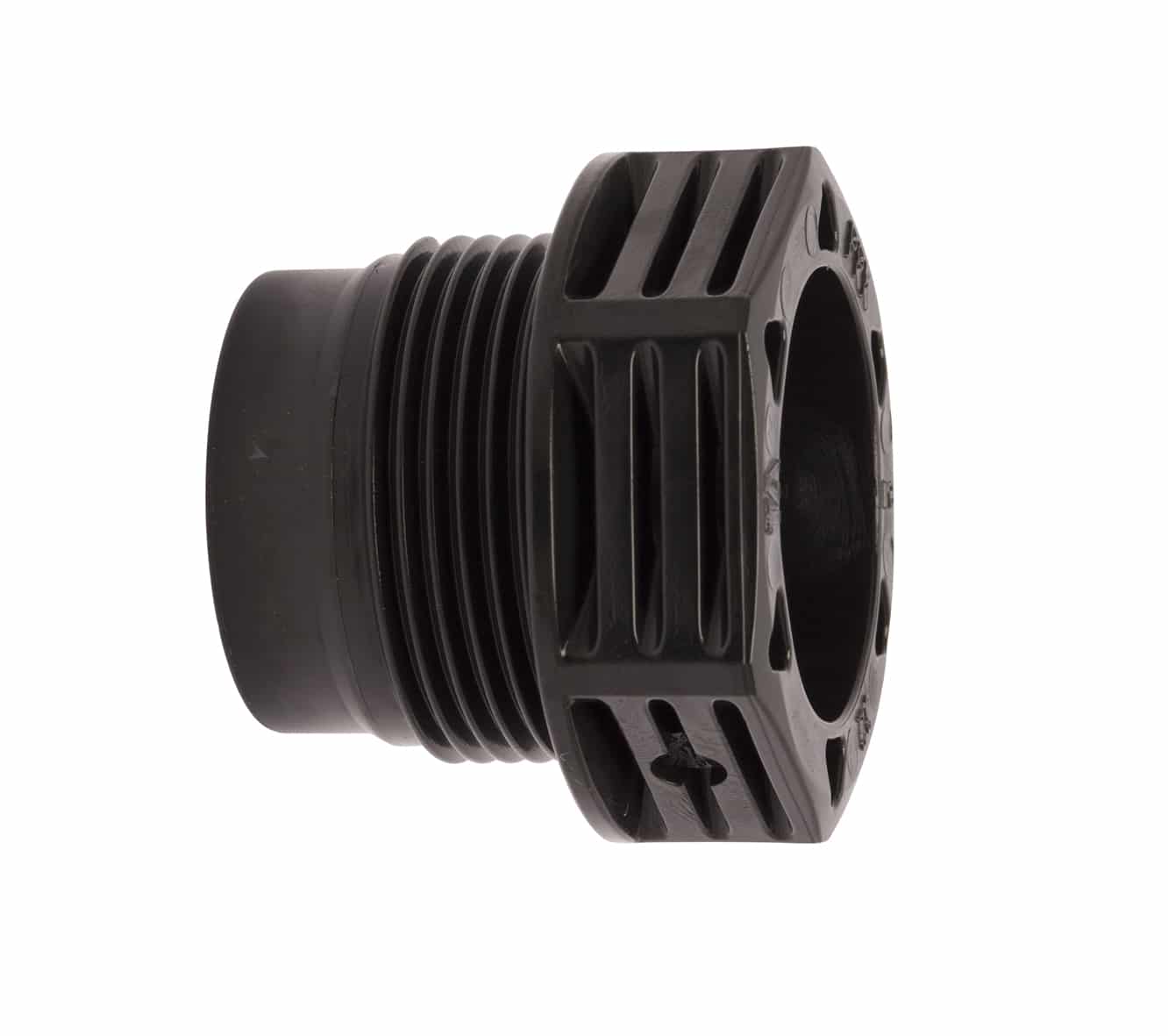 Black plastic threaded adapter with external ridges and hollow center, likely a hose or pipe connector used to join fittings.