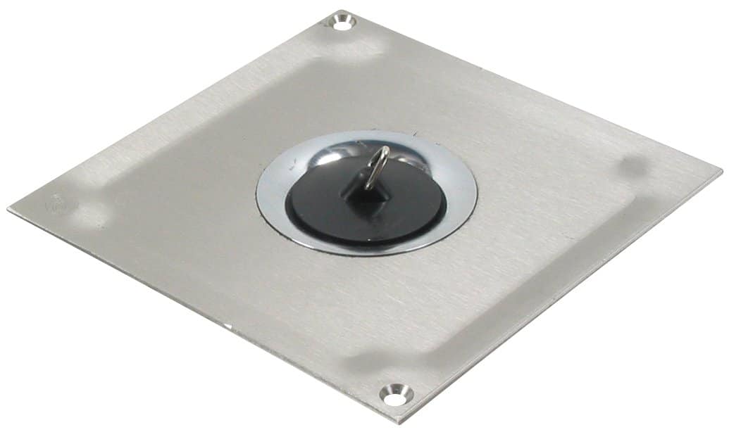 Brushed metal square wall plate with a circular black rotary switch in the center.