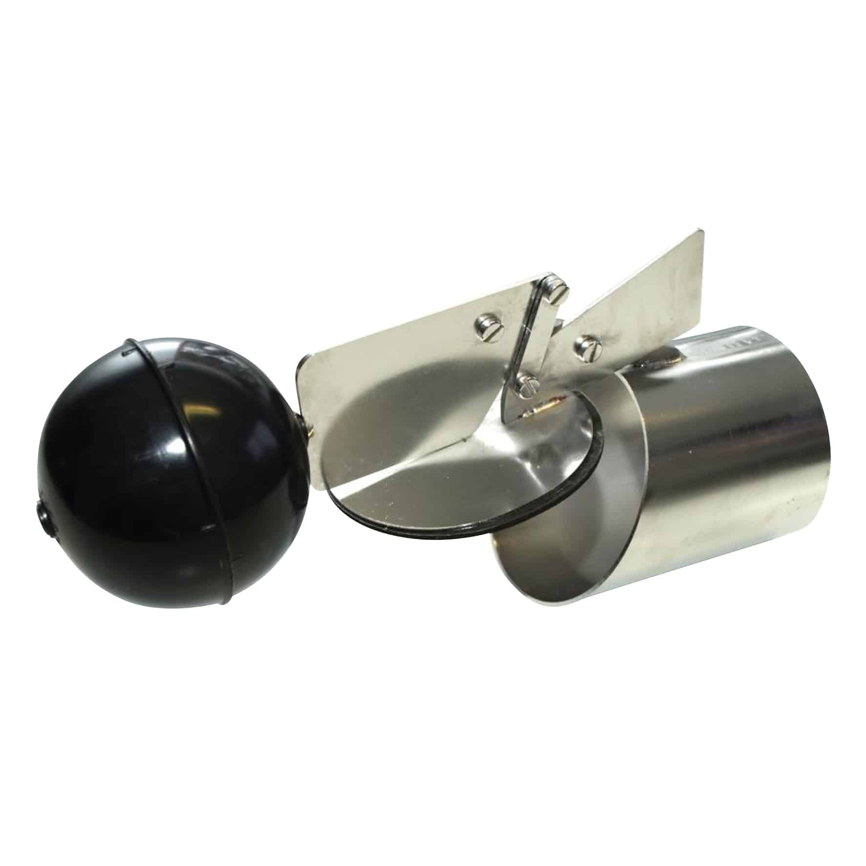 Close-up of a metal mounting bracket with screws attached to a cylindrical tube, next to a black spherical knob on the left