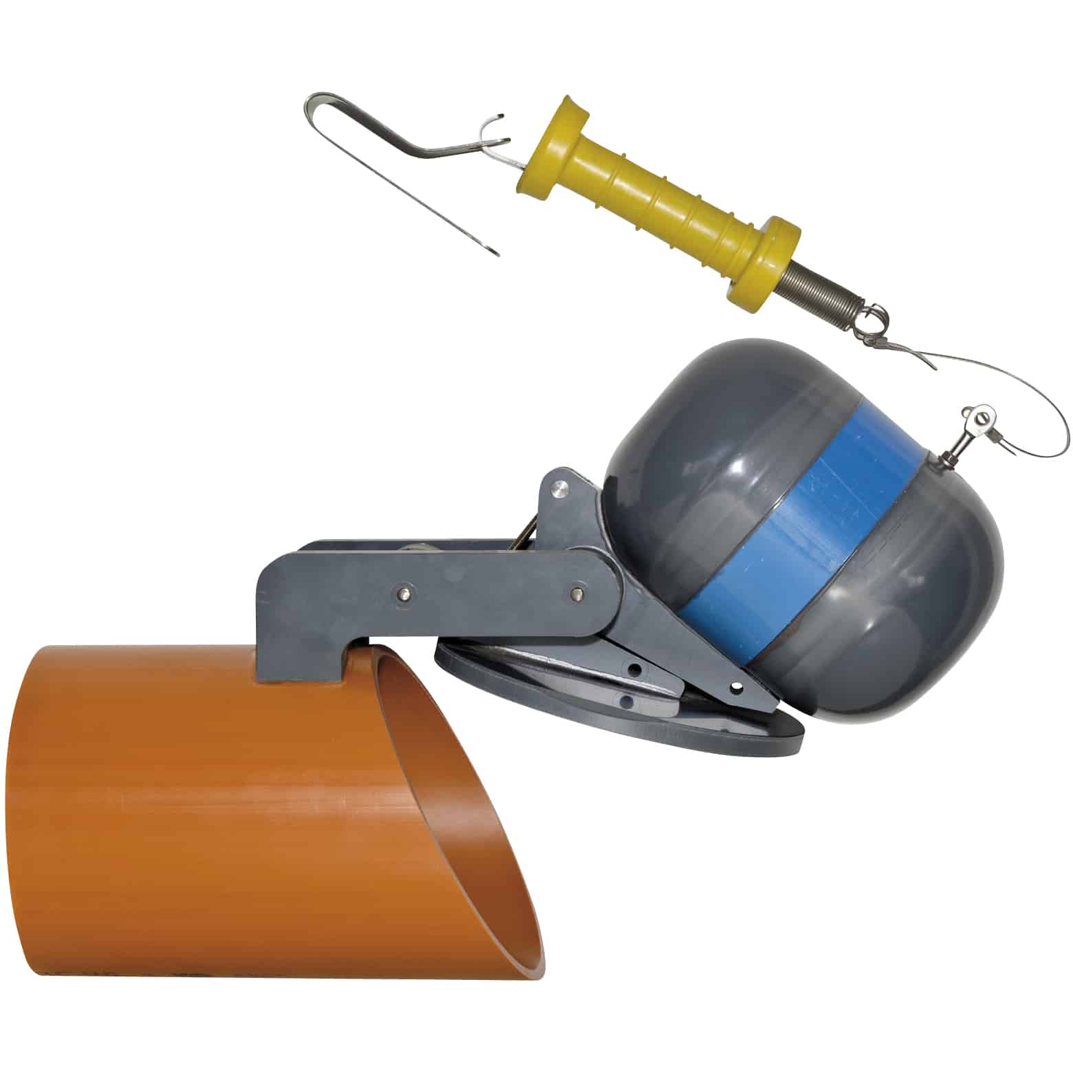 Close-up of a mechanical assembly with an orange curved housing, gray mounting bracket, and a blue cylindrical motor housing featuring a yellow plastic pin and wire clip.