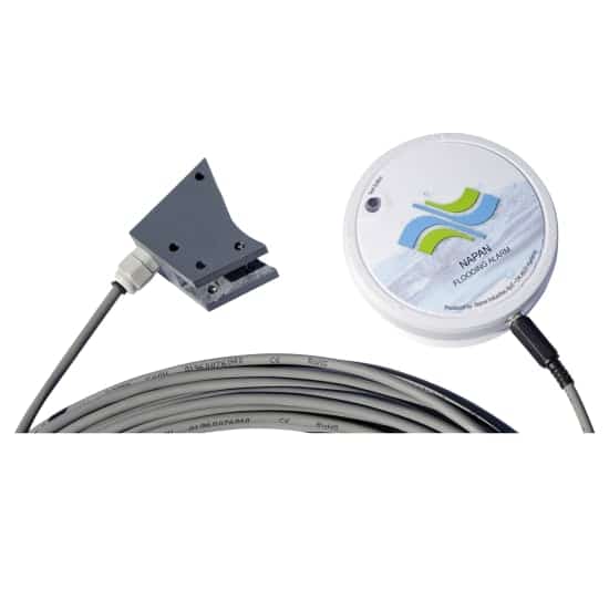 Industrial sensor assembly showing a gray mounting head on a long cable and a round white sensor module.