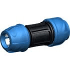 Blue plastic dual-end pipe connector with a black center and open ends, used to join two tubes