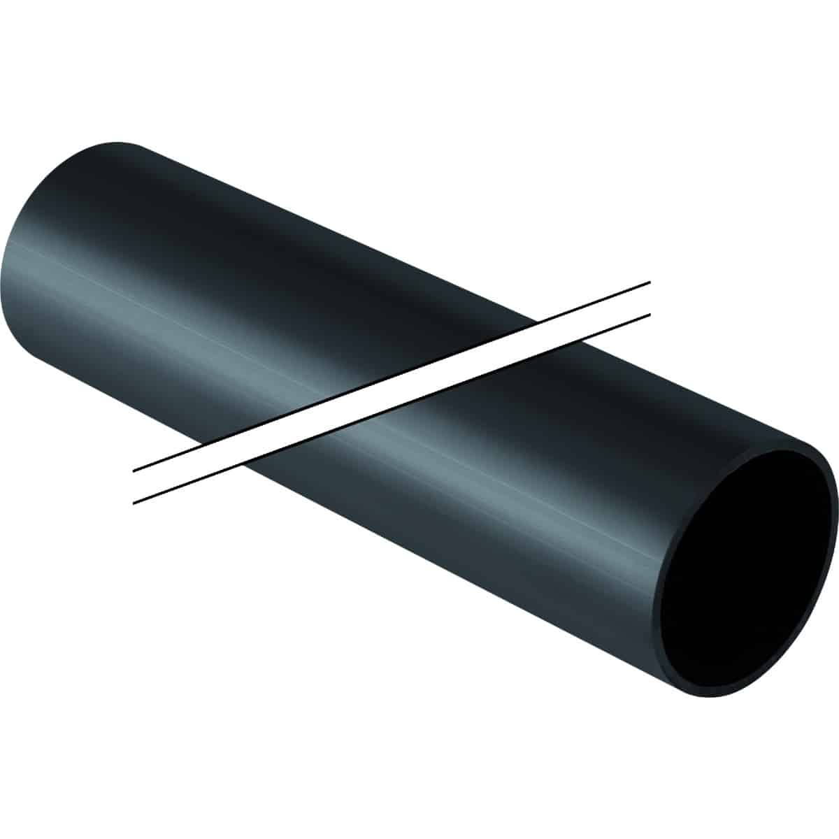 Dark metal hollow pipe with a diagonal cut across its surface showing the inner rim