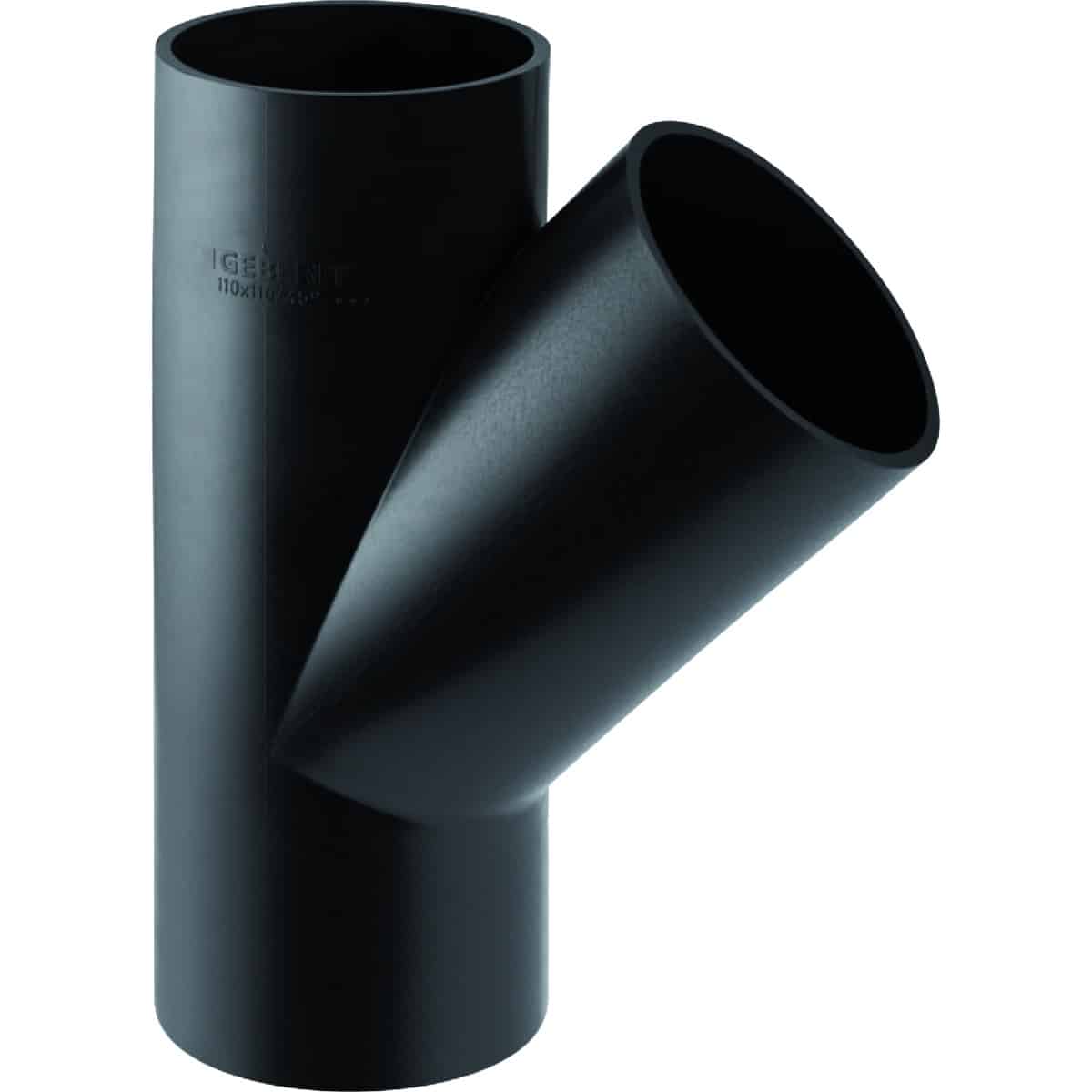Black PVC pipe Y-branch fitting with a diagonal outlet for drainage or venting