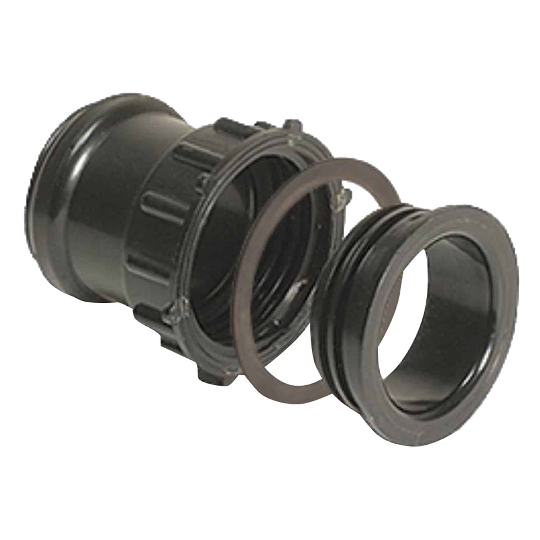 Close-up of black camera lens adapter rings with ridged texture and grooves.