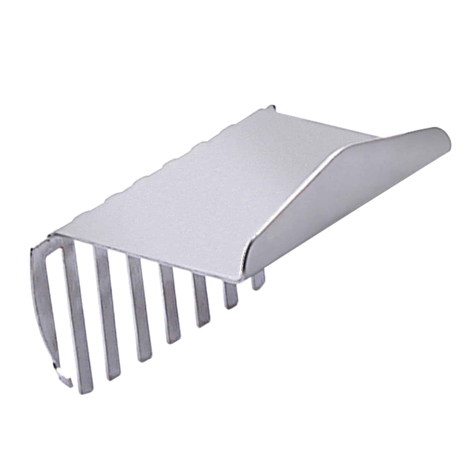 Close-up of a stainless steel comb-like tool with parallel prongs and a curved guard on top.